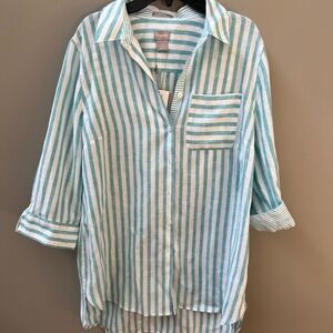 NWT Chicos No-Iron FreshChic Linen Striped Shirt teal white 1